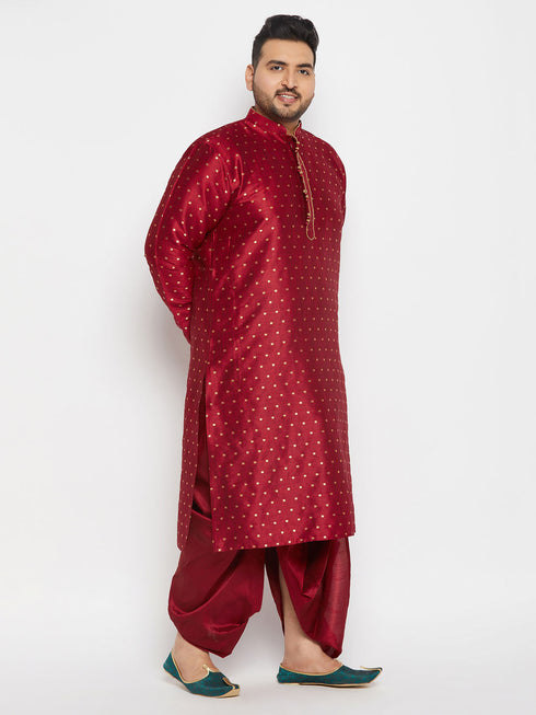 Vastramay Men's Plus Size Maroon Zari Weaved Kurta Dhoti Set